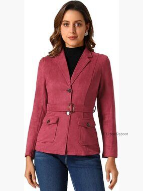 Faux Suede Belted Blazer Single Breasted Work Jacket